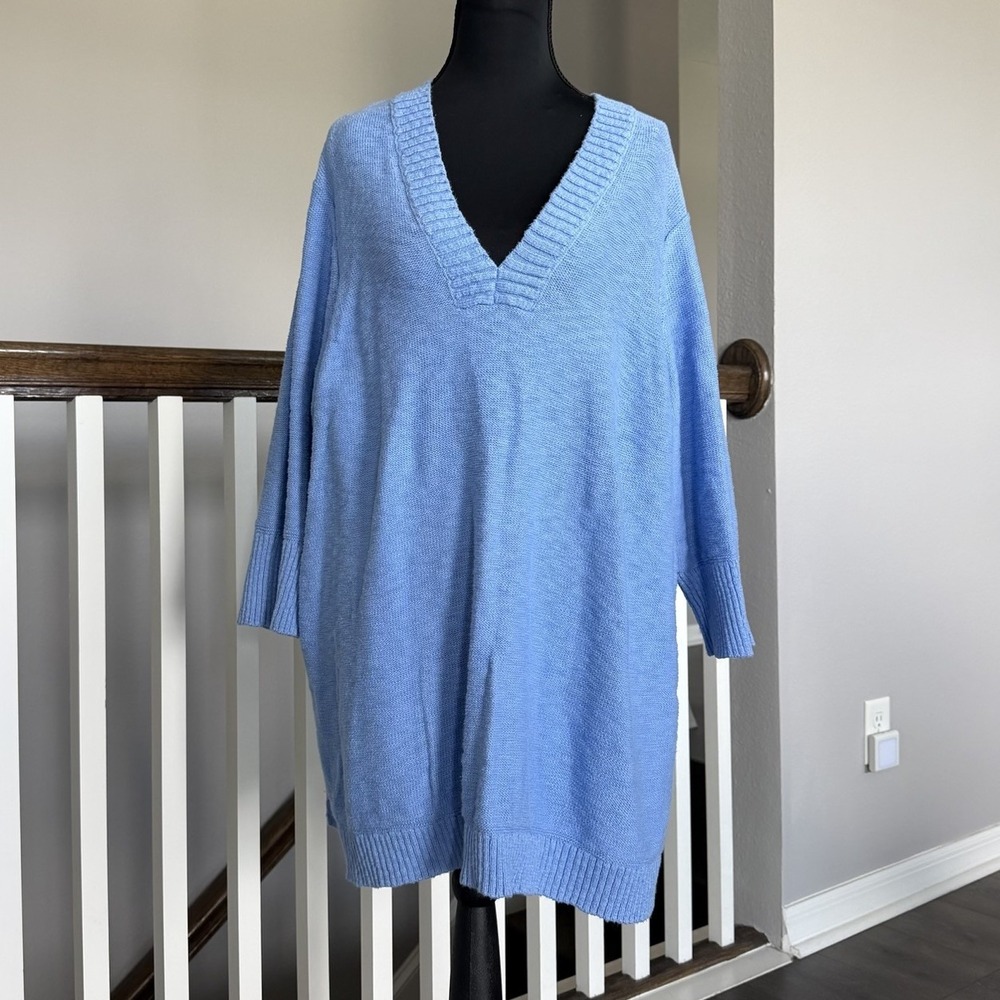 J Jill 100% Cotton 3/4 Sleeve V Neck Sweater Blue 3X Preppy Fisherman Coastal